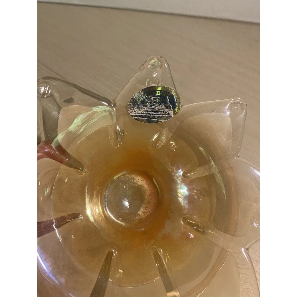 Murano Art Glass Star Flower Votive Dish white and Iridescent Orange has Sticker